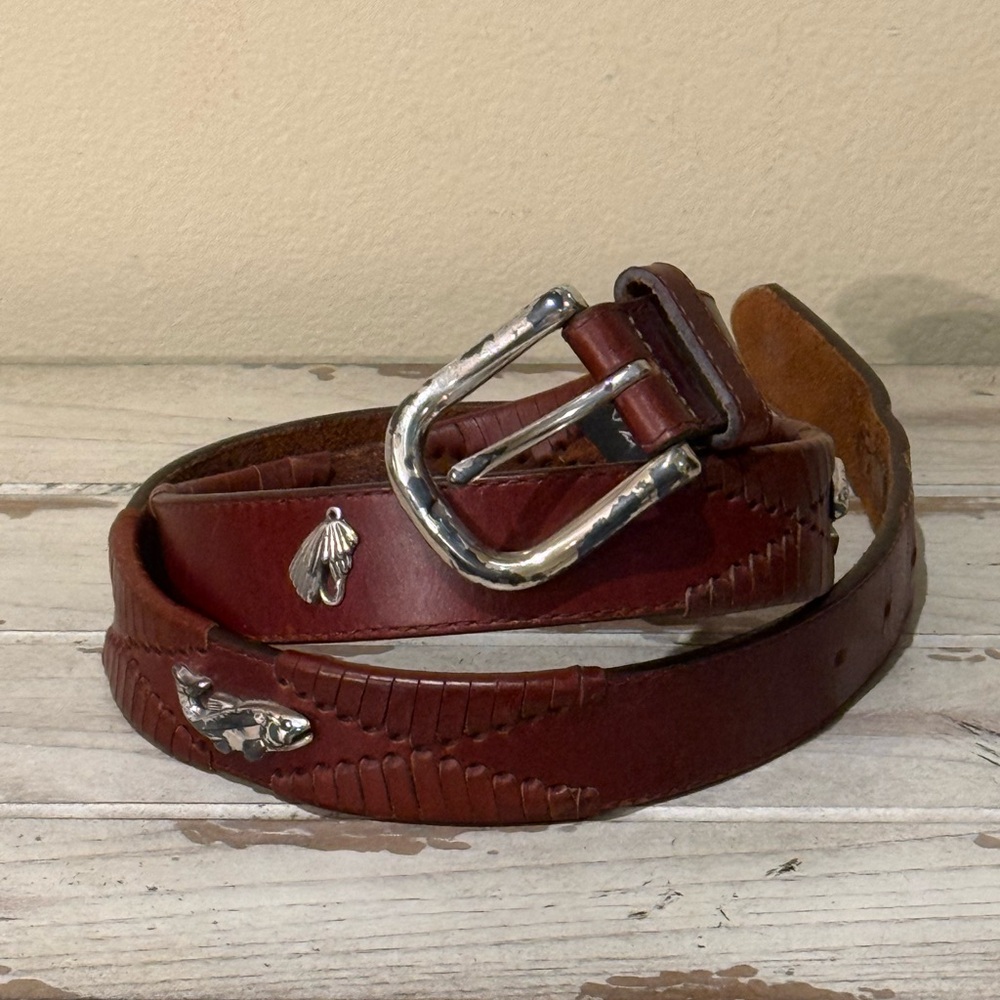 Brighton Fly Fishing Theme Woven Brown Leather Silver Belt 94207 Men's Size 36 - Picture 3 of 13